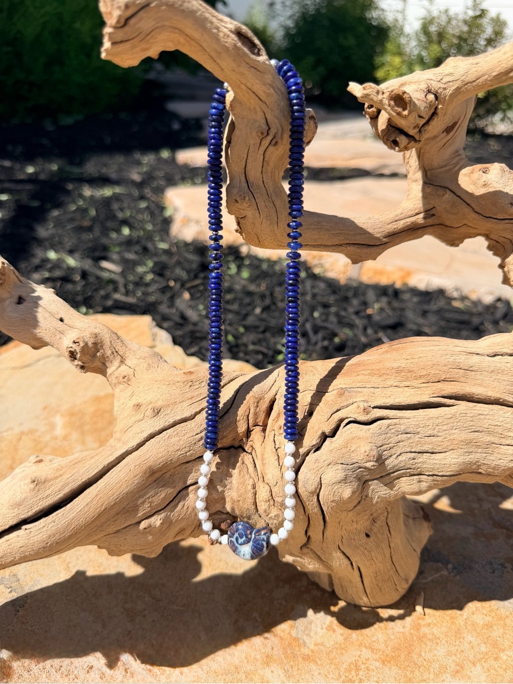 Handmade Blue Lapis and White Natural Shell Necklace with Ceramic Shell Charm